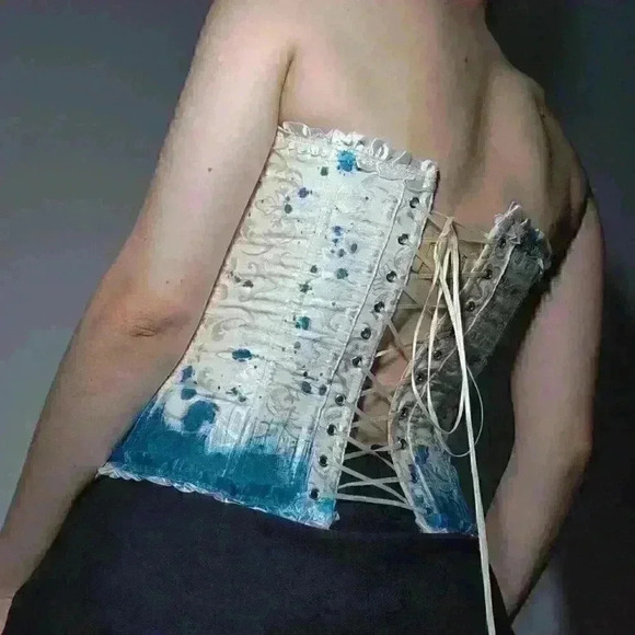 Butterfly on white romantic lace-up boned overbust sweetheart  corset bustier - Picture 6 of 11